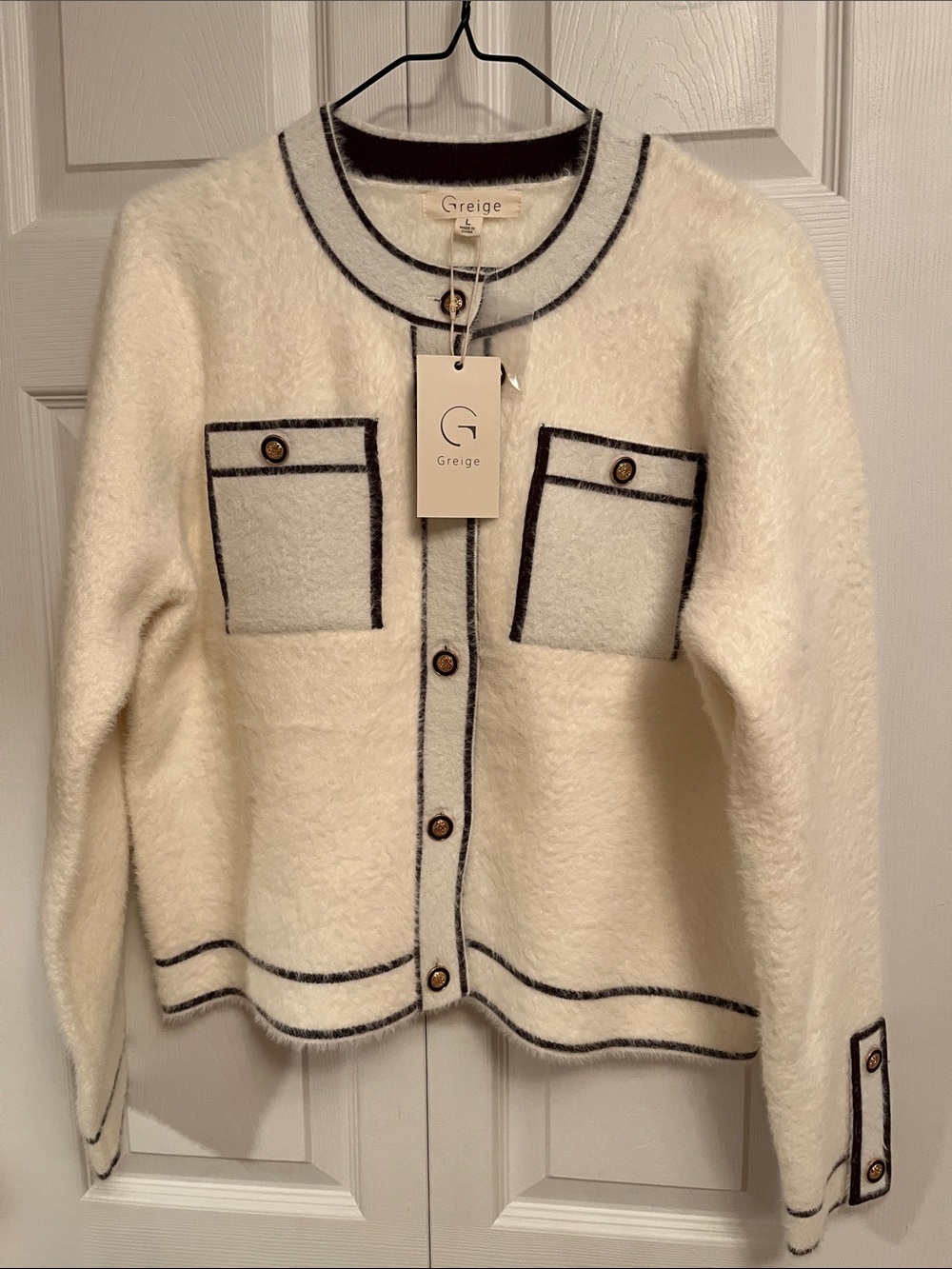 Greige Cream Furry Plush Cardigan with Black Trim